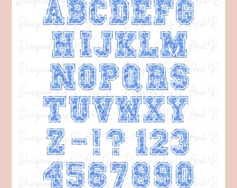 May include: A full alphabet and number set in light blue, featuring a snowflake design. The letters and numbers are in a bold, collegiate style. The image also includes the text "Designed by R and R" and "digital printable file".