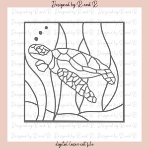May include: A black and white line art design of a sea turtle swimming in a bed of seaweed. The design is suitable for laser cutting.