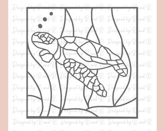May include: A black and white line art design of a sea turtle swimming in a bed of seaweed. The design is suitable for laser cutting.