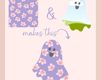 May include: A graphic design showing a ghost illustration with a floral pattern. The design includes a square pattern of pink flowers on a purple background, a ghost with a sky and grass design, and a ghost with the floral pattern. Text includes "Designed by R and R" and "canva template."