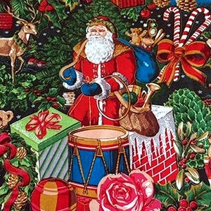 May include: A festive Christmas-themed fabric featuring Santa Claus, reindeer, teddy bears, and wrapped gifts. The design includes candy canes, roses, and a drum, all set against a dark background with stars. The color palette is dominated by red, green, and gold.