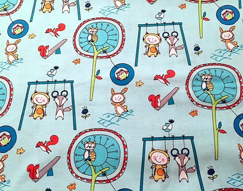 Forest Playtime Animals Hopscotch Swings Seesaw Owls Trees Playground Pals From Michael Miller Bty