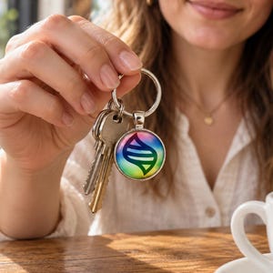 May include: A silver-toned metal keychain featuring a circular pendant with a smooth, glass-like dome. The pendant displays a vibrant, multi-colored gradient background with a bold, black, stylized graphic symbol resembling a swirling helix.
