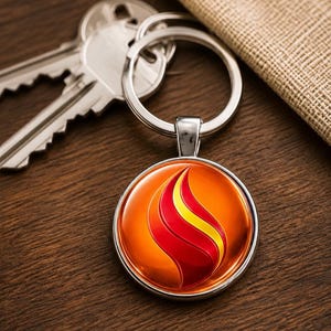 Könnte beinhalten: Ein runder Metallschlüsselanhänger mit einem glänzenden, gewölbten Einsatz, der eine stilisierte Flammengrafik in Orange-, Rot- und Gelbtönen zeigt. Der Schlüsselanhänger ist an einem silberfarbenen Schlüsselring befestigt, der an Metallschlüsseln hängt.