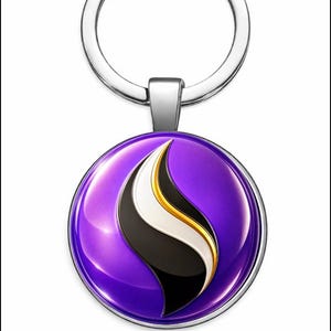 May include: A circular keychain featuring a polished silver metal ring and a round pendant. The pendant has a glossy purple background with a central abstract flame-like graphic composed of layered black, white, and gold curved shapes.
