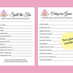 Könnte beinhalten: Zwei druckbare Tee-Party-Spiele auf weißem Papier mit rosa Rändern. Ein Spiel ist "Spill the Tea" und das andere ist "Categories Game". Beide Spiele haben eine Teekannen-Grafik und sind für eine Tee-Party konzipiert.