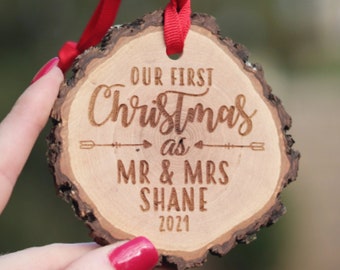 First Christmas Married Personalized Wooden Ornament, Newlywed First Christmas Ornament, Rustic wood slice ornament, 2023 Christmas ornament