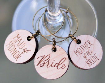 Personalized Wood Wine Charms: Wedding Bridal Shower Favors