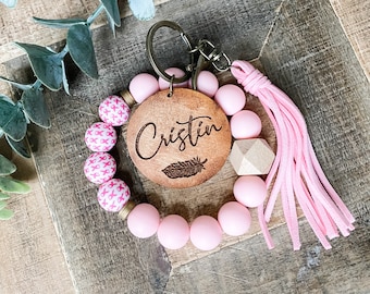 Cancer Awareness Personalized Wristlet Keychain with Wood Charm, Bangle, Breast Cancer, Pink Ribbon, Silicon beads, Mama, Friend