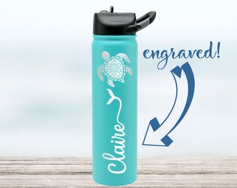 Mandala Design Personalized Water Bottle, kids custom engraved, pineapple, mermaid, flamingo, elephant, horse, flamingo, school