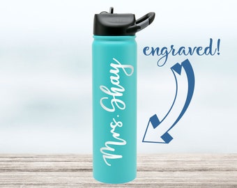 Personalized teacher water bottle, custom stainless steel tumbler with straw engraved SIC cup, End of school year teacher gift, Mrs wedding