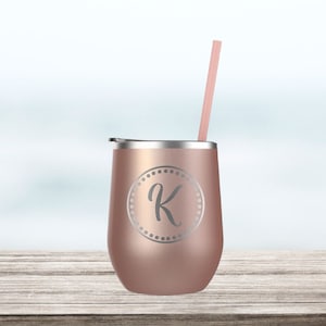 Monogram Wine Tumbler, Custom personalized cocktail wine cup, stainless steel, Rose gold, bridesmaid groomsman gift