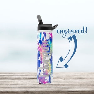 RAINBOW PALMS Personalized water bottle, custom tumbler, steel, engraved, 27 oz SIC cup, back to school, leak proof, straw