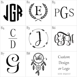 May include: Nine different monogram and design options for a custom logo. Options include a wreath with the letter E, a monogram with the letters JGR, a monogram with the letters PGS, a monogram with the letters CD, a monogram with the letter J in a circle with arrows, a monogram with the letters FM, a monogram with the letter G, a dreamcatcher with the word riki, and a custom design or logo option.