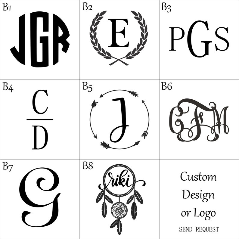 May include: Nine different monogram and design options for a custom logo. Options include a wreath with the letter E, a monogram with the letters JGR, a monogram with the letters PGS, a monogram with the letters CD, a monogram with the letter J in a circle with arrows, a monogram with the letters FM, a monogram with the letter G, a dreamcatcher with the word riki, and a custom design or logo option.