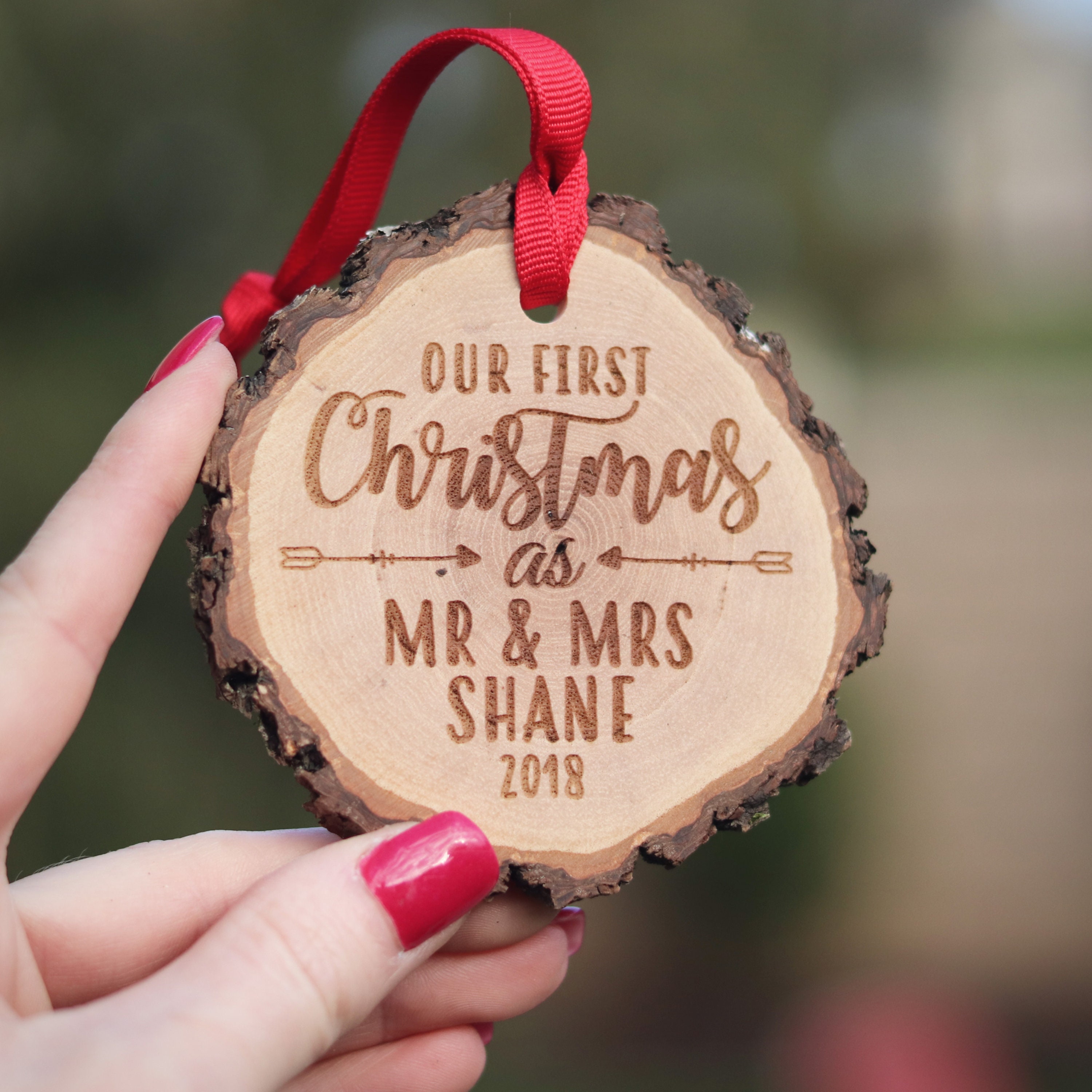 First Christmas Married Personalized Wooden Ornament Newlywed First Christmas Ornament Rustic 