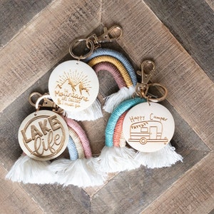 Cabin - Lake House - Camper Keychain with Wood Charm, Housewarming Gift, Personalized Key Chain, Realtor Gift, Boho Macrame