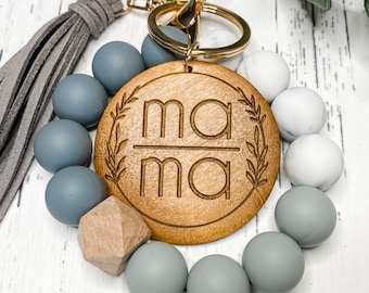 Personalized Wood Charm Keychain: Silicone Bead Wristlet Bangle