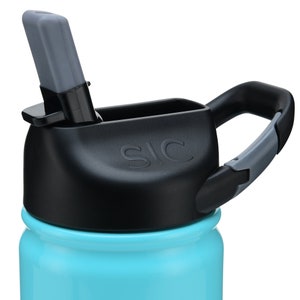 May include: A blue stainless steel water bottle with a black lid and a gray silicone straw. The lid has a carrying handle and the text "SIC" is embossed on the top.