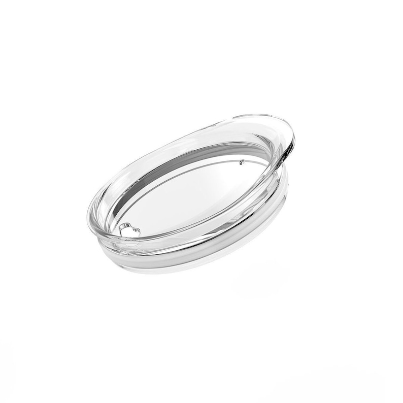 May include: Clear plastic lid for a travel mug with a silicone ring around the edge.