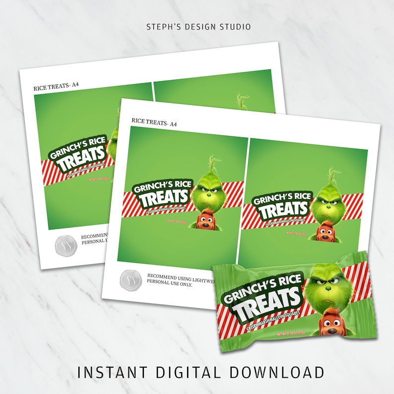 May include: Printable A4 sheet with two designs for Grinch's Rice Treats. Each design features the Grinch with Max the dog, and the text "Grinch's Rice Treats" in red and white stripes.
