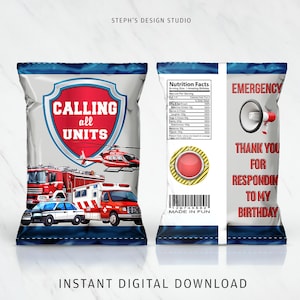 First Responder Favor Bags - Custom Chip Bags - Emergency Party- First Responder Party Supplies - Instant Download