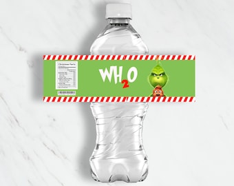 Grinch Christmas Water Bottle Labels – Printable Party Decor (Digital Download)
