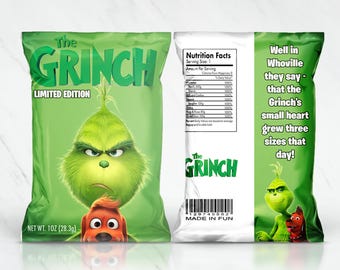Grinch Christmas Chip Bag Favor – Custom Party Supplies (Digital Download)
