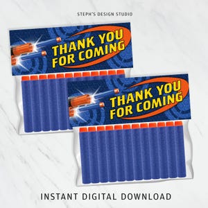 May include: Two printable thank you tags featuring a blue and orange Nerf dart design. The text on the tags reads "Thank You For Coming".