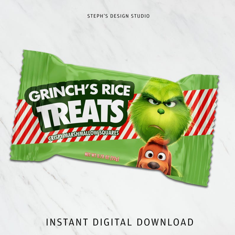 May include: A green and red package with the words "Grinch's Rice Treats" and "Crispy Marshmallow Squares" printed on it. The Grinch and Max the dog are featured on the package.