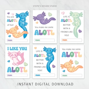 Saint-Valentin pour enfants | TÉLÉCHARGEMENT IMMÉDIAT | Cartes de Saint-Valentin | Cartes de Saint-Valentin Axolotl | Cartes de Saint-Valentin imprimables