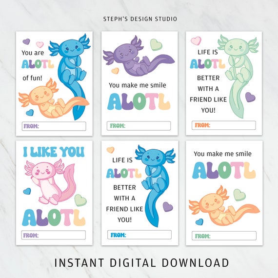 Kids Axolotl Valentine Cards | Printable Valentine's Day (Digital Download)