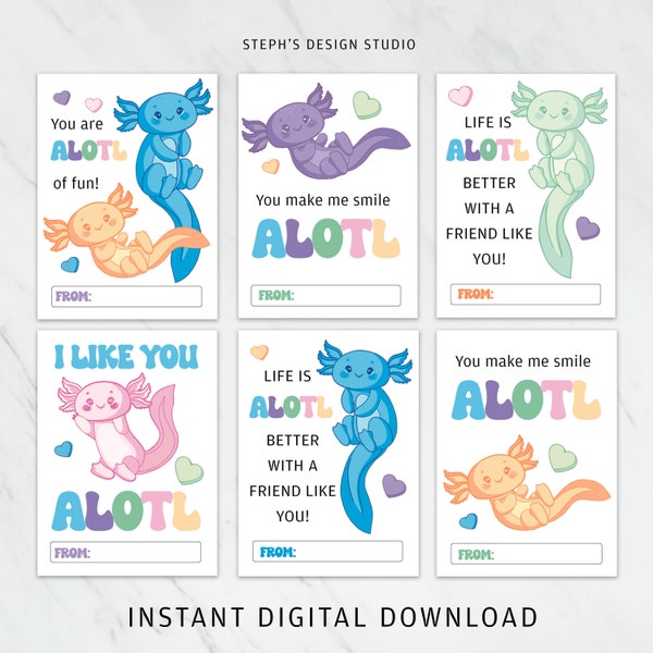 Kids Valentine | INSTANT DOWNLOAD | Valentine Day Cards  | Axolotl Valentine Cards | Printable Valentine Cards