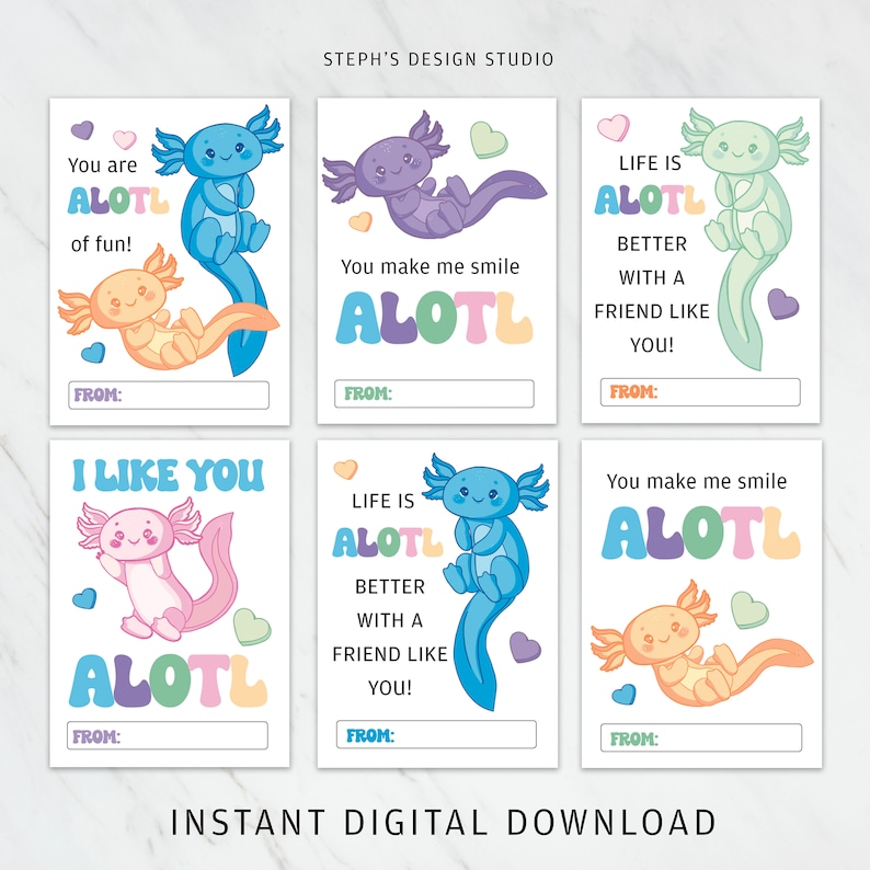 Peut inclure: Six cartes de Saint-Valentin imprimables avec de jolies illustrations d'axolotls et le texte "ALOTL" dans un arc-en-ciel de couleurs. Chaque carte a un message diff&eacute;rent, notamment "Tu es ALOTL de fun !" et "La vie est ALOTL meilleure avec un ami comme toi !"