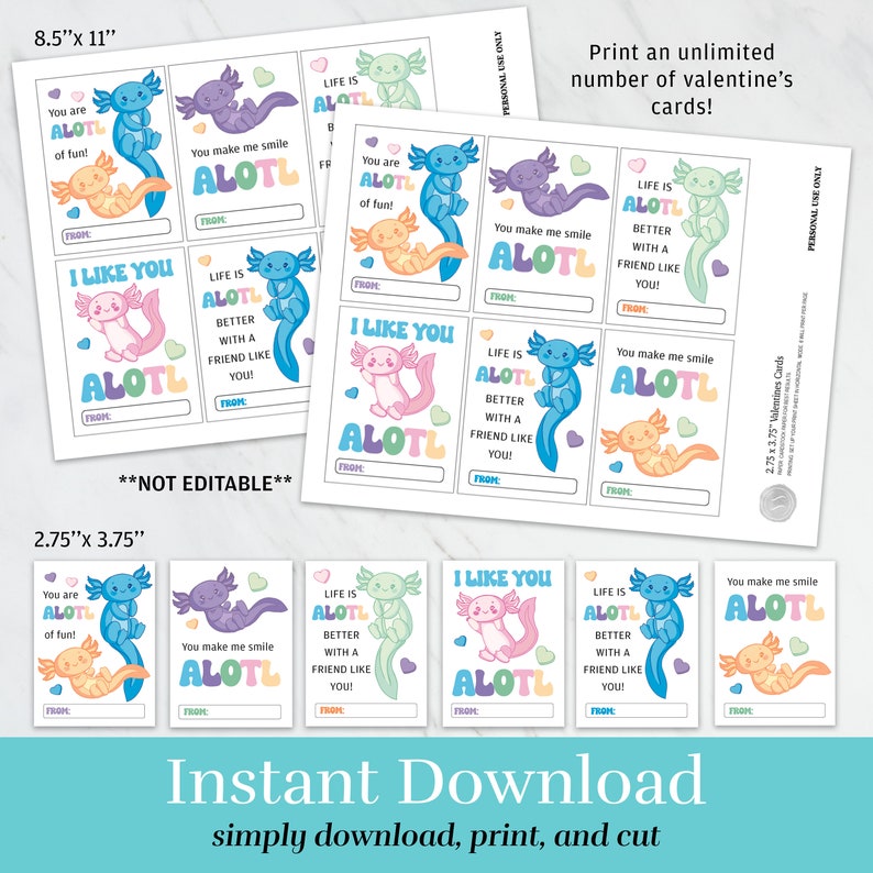 Peut inclure: Cartes de Saint-Valentin imprimables avec de jolies illustrations d'axolotls et diff&eacute;rents messages, dont "You are ALOTL of fun!" et "Life is ALOTL better with a friend like you!" Les cartes mesurent 2,75 pouces sur 3,75 pouces et sont vendues par lot de huit.