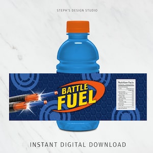 May include: Blue and orange water bottle label with the text "BATTLE FUEL" in a white circle with a red outline. The label also features a blue and white target design and a nutrition facts label.