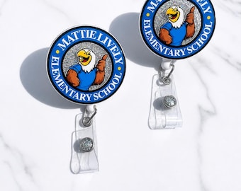 Custom School Badge Reels – Glitter Eagle Mascot, Teacher Staff ID Holder