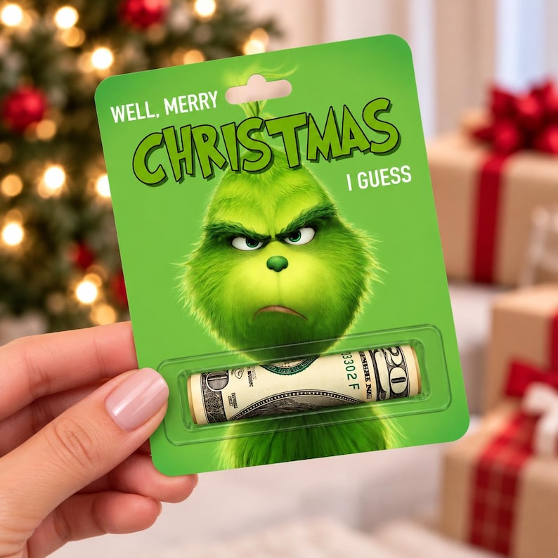 May include: A green rectangular card featuring a graphic of a furry green character with a grumpy expression. The text reads WELL, MERRY CHRISTMAS I GUESS. A clear plastic blister pack at the bottom holds a rolled-up twenty-dollar bill.