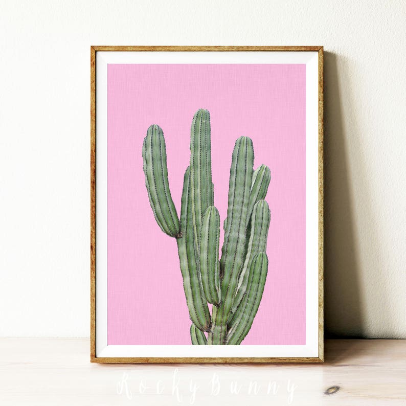 Printable Cactus Wall Art, Pink Background Cactus Print, Purple Cactus