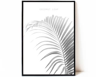 Black and white tropical leaf wall art poster, printable palm decor, living room decor idea, modern palm leaf wall art, modern botanical