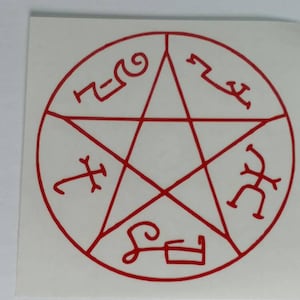 May include: A red pentagram with five symbols inside, on a white background. The symbols are stylized and resemble letters or runes.