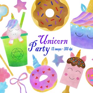 Clipart de fiesta de unicornio de acuarela - Clipart de comida de unicornio - Clipart de unicornio - Clipart kawaii - Clipart de donuts - Cupcakes de unicornio - Galletas - Malvaviscos