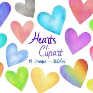 Clipart de corações em aquarela - Clipart de coração de arco-íris - Clipart de dia dos namorados - Clipart de amor