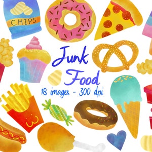 Junk Food Clipart - Fast Food Clipart - Watercolor  Junk Food PNG -Donut - Popcorn - Pizza-Bacon - Fries - Ice Cream - Cupcake Clipart