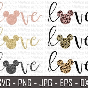 Paquete de SVG de amor de Mickey, SVG con estampado de leopardo de Mickey, SVG de Mickey con purpurina, SVG de amor, Mickey Cricut, PNG con estampado de leopardo DXF