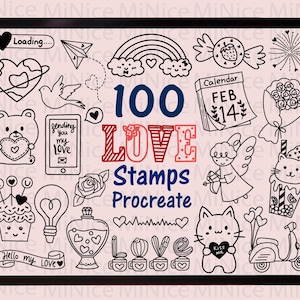 100 Valentine Procreate Stamp - Love Procreate Stamp Pack -  Valentine&#39;s day Brushes Stamp - Velentine Doodle Procreate bundle