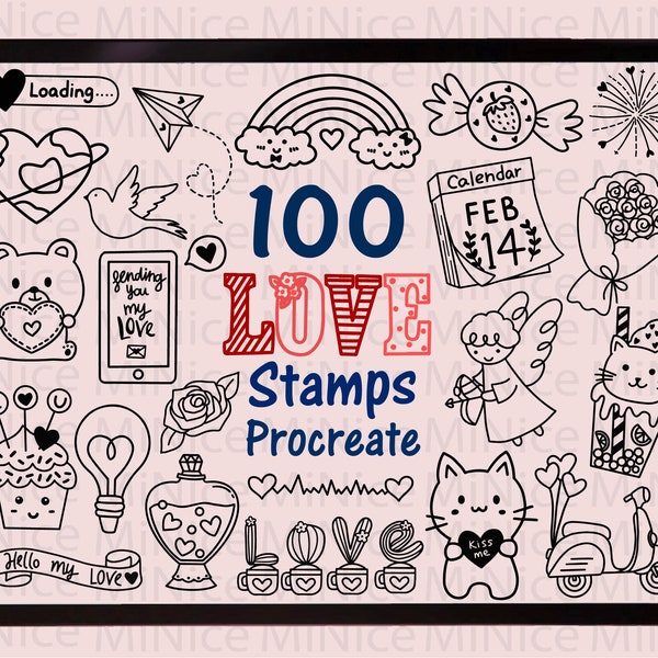 100 Valentine Procreate Stamp - Love Procreate Stamp Pack -  Valentine's day Brushes Stamp - Velentine Doodle Procreate bundle