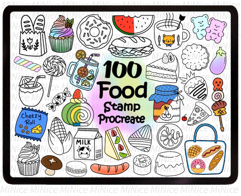 Puede incluir: Una ilustraci&oacute;n digital de 100 sellos de comida para Procreate. Los sellos son dibujos en blanco y negro de varios alimentos, incluyendo frutas, verduras, postres, bebidas y otros art&iacute;culos alimenticios. El texto "100 Food Stamp Procreate" est&aacute; escrito en un degradado de colores.