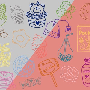 Puede incluir: Una ilustraci&oacute;n colorida de varios alimentos y bebidas, incluyendo un cupcake, una dona, un tarro de limonada, una bolsita de t&eacute;, una galleta, un pretzel, una botella de jugo de naranja y una caja de bocadillos Pocky.