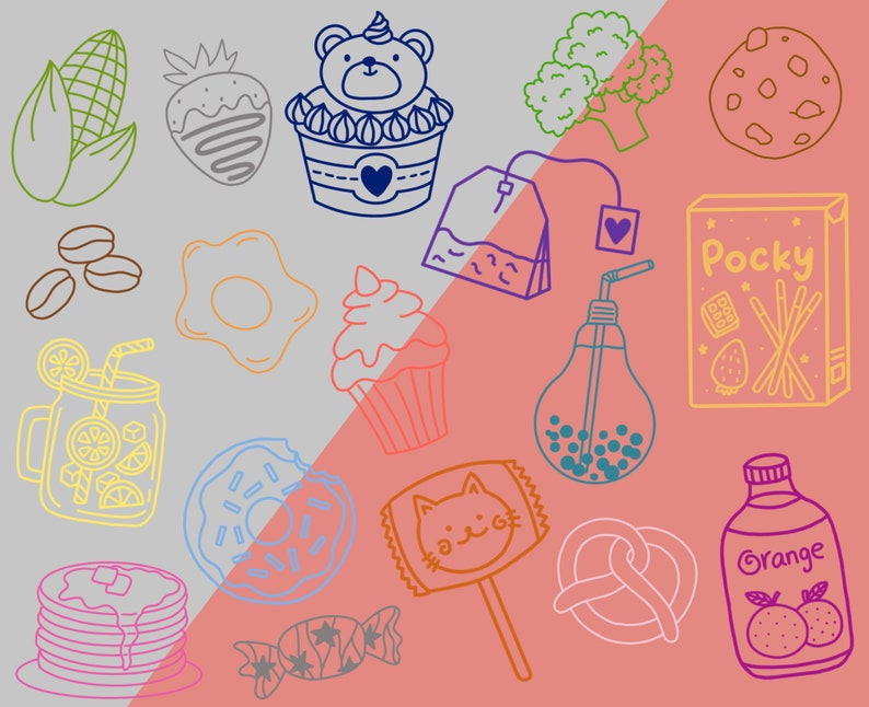 Puede incluir: Una ilustraci&oacute;n colorida de varios alimentos y bebidas, incluyendo un cupcake, una dona, un tarro de limonada, una bolsita de t&eacute;, una galleta, un pretzel, una botella de jugo de naranja y una caja de bocadillos Pocky.